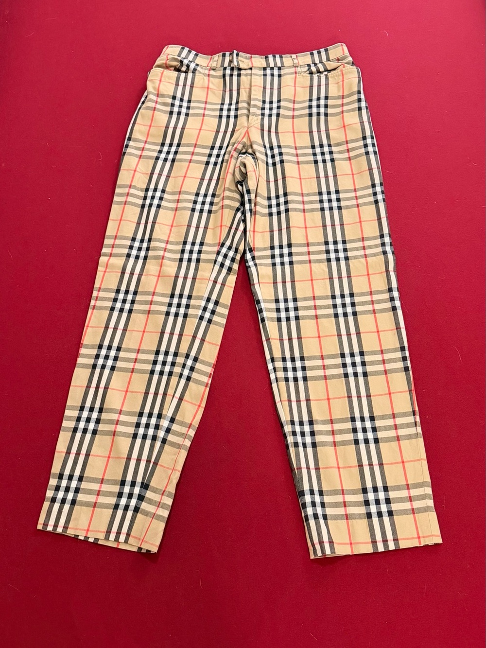 Burberry Beige Plaid Casual Pants with Black & Red Stripes
